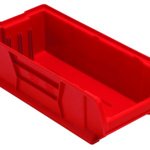 The Quantum Hulk 24 Container, made in the USA from red polypropylene, is stackable and features raised edges. It measures 23-7/8L x 11W x 7H with reinforced sides, an open top, and a front label slot.
