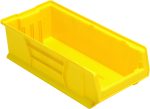 A large rectangular yellow Quantum Hulk 24 Container, measuring 23-7/8L x 11W x 7H, is stackable and made of durable polypropylene with angled surfaces and reinforced corners. Its open-topped, branded Hulk 24 on the side, and displayed on a white background. Made in the USA.