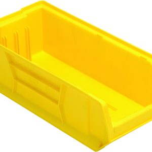 A large rectangular yellow Quantum Hulk 24 Container, measuring 23-7/8L x 11W x 7H, is stackable and made of durable polypropylene with angled surfaces and reinforced corners. Its open-topped, branded Hulk 24 on the side, and displayed on a white background. Made in the USA.