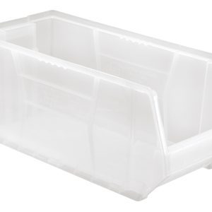The Quantum Hulk 24 Container is a clear, stackable, and rectangular polypropylene storage bin with dimensions of 23-7/8L x 11W x 10H. It features an open front for easy access and efficient organization while ensuring a clear view of the contents. Made in the USA.