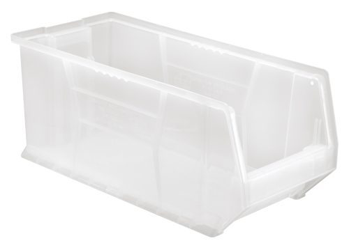 The Quantum Hulk 24 Container is a clear, stackable, and rectangular polypropylene storage bin with dimensions of 23-7/8L x 11W x 10H. It features an open front for easy access and efficient organization while ensuring a clear view of the contents. Made in the USA.