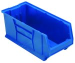 The Quantum Hulk 24 blue polypropylene container, made in the USA, features stackable design and reinforced sides, ideal for organizing small items.