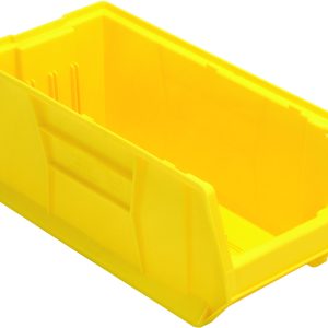 The Quantum Hulk 24 stackable container, made in the USA from durable polypropylene, is bright yellow with an open front. It measures 23-7/8L x 11W x 10H and features straight sides and a lip around the top edge. The interior is shown empty against a plain white background.