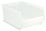 The Quantum Hulk 24 Container is a clear, polypropylene storage bin, measuring 23-7/8L x 16-1/2W x 11H, with an open front and reinforced edges for easy access and efficient organization of small items. Made in the USA.
