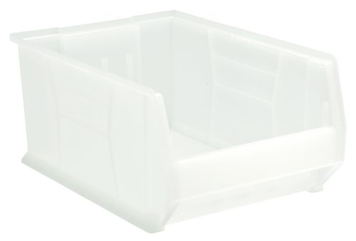 QUS954CL.jpg The Quantum Hulk 24 Container is a clear, polypropylene storage bin, measuring 23-7/8L x 16-1/2W x 11H, with an open front and reinforced edges for easy access and efficient organization of small items. Made in the USA.