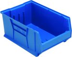 The Quantum Hulk 24 Container, measuring 23-7/8L x 16-1/2W x 11H, is a blue polypropylene bin with a rectangular shape, slightly slanted front opening, grooved sides for stacking, and smooth interior for efficient organization. Made in the USA.