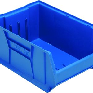 The Quantum Hulk 24 Container, measuring 23-7/8L x 16-1/2W x 11H, is a blue polypropylene bin with a rectangular shape, slightly slanted front opening, grooved sides for stacking, and smooth interior for efficient organization. Made in the USA.