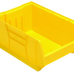 The Quantum Hulk 24 Container, made in the USA, is a bright yellow polypropylene storage bin with an open front for easy access. Its stackable design has slightly raised edges and a smooth base, perfect for efficient organization and storage. Dimensions: 23-7/8L x 16-1/2W x 11H.