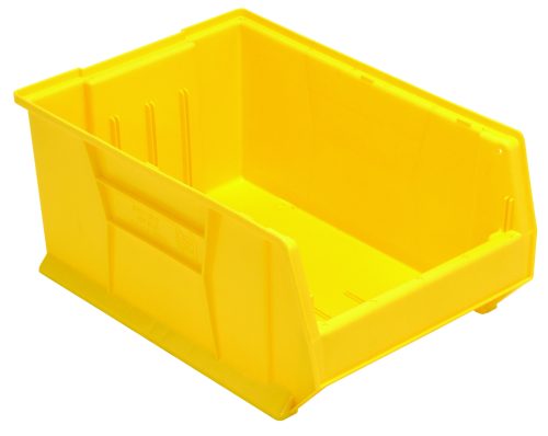 The Quantum Hulk 24 Container, made in the USA, is a bright yellow polypropylene storage bin with an open front for easy access. Its stackable design has slightly raised edges and a smooth base, perfect for efficient organization and storage. Dimensions: 23-7/8L x 16-1/2W x 11H.