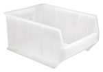 The Quantum Hulk 24 Container is a clear, rectangular polypropylene bin with an open front and raised back (23-7/8L x 18-1/4W x 12H), featuring solid, slightly textured sides and base. Made in the USA, its perfect for organizing or storing items.
