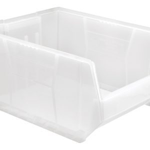 The Quantum Hulk 24 Container is a clear, rectangular polypropylene bin with an open front and raised back (23-7/8L x 18-1/4W x 12H), featuring solid, slightly textured sides and base. Made in the USA, its perfect for organizing or storing items.