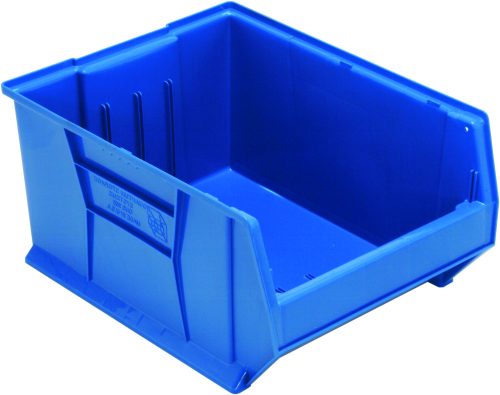 The Quantum Hulk 24 Container is a blue polypropylene bin with a partially open front for easy access, designed for convenience. Its smooth surface and sturdy build make it perfect for organizing items, and its stackable at 23-7/8L x 18-1/4W x 12H. Made in the USA.