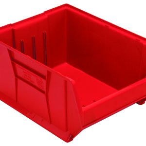 The Quantum Hulk 24 Container is a red, stackable polypropylene storage bin with dimensions 23-7/8L x 18-1/4W x 12H. Made in the USA, it features an open front for easy access, reinforced sides, and a slightly textured finish for efficient organization and storage.