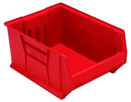 QUS955_RD.jpg The Quantum Hulk 24 Container is a red, stackable polypropylene storage bin with dimensions 23-7/8L x 18-1/4W x 12H. Made in the USA, it features an open front for easy access, reinforced sides, and a slightly textured finish for efficient organization and storage.