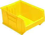 The Quantum Hulk 24 Container is a yellow, stackable polypropylene bin made in the USA. It measures 23-7/8L x 18-1/4W x 12H and features an open front, raised sides for organization, and smooth reinforced ridges.