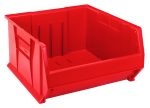 The Quantum Hulk 24 Container is a stackable, red polypropylene bin, 23-7/8L x 22-1/2W x 12H, made in the USA. It features vertical ridges and has a partially open front for easy access, making it ideal for organizing and storing items efficiently.