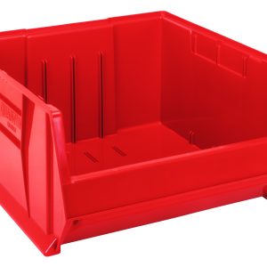 The Quantum Hulk 24 Container is a stackable, red polypropylene bin, 23-7/8L x 22-1/2W x 12H, made in the USA. It features vertical ridges and has a partially open front for easy access, making it ideal for organizing and storing items efficiently.