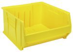 The Quantum Hulk 24 Container, 23-7/8L x 22-1/2W x 12H in yellow is a stackable polypropylene bin made in the USA, featuring an open front, raised sides, and smooth surface with vertical lines for interior reinforcement—ideal for organizing small items.