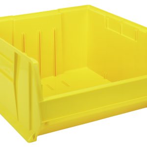The Quantum Hulk 24 Container, 23-7/8L x 22-1/2W x 12H in yellow is a stackable polypropylene bin made in the USA, featuring an open front, raised sides, and smooth surface with vertical lines for interior reinforcement—ideal for organizing small items.