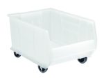 The Quantum Hulk 24 Container is a clear, rectangular polypropylene bin measuring 23-7/8L x 16-1/2W x 14H. This mobile and stackable container is made in the USA and sits on four black wheels, featuring a partially open front for easy access.