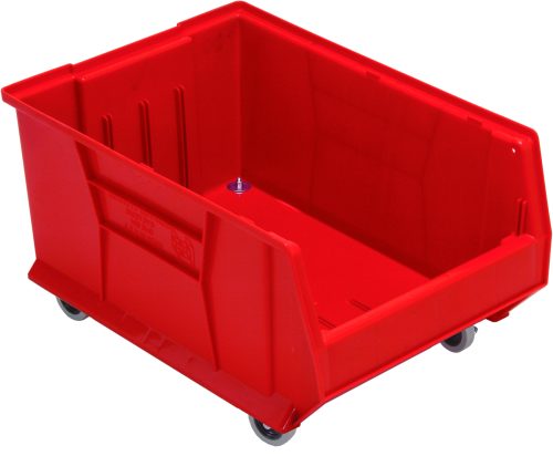 QUS964MOB_RD.jpg The Quantum Hulk 24 Container is a mobile, stackable, red polypropylene bin measuring 23-7/8L x 16-1/2W x 14H. Made in the USA, it features four wheels and a ribbed design for enhanced strength and durability with an open top for easy access.