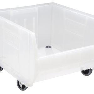 The Quantum Hulk 24 Container is a clear polypropylene storage bin, measuring 23-7/8L x 18-1/4W x 15H, designed for mobility with four small wheels and an open top/front. It has reinforced edges for stacking, keeping contents hidden. Made in the USA.