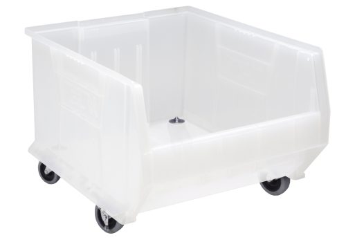The Quantum Hulk 24 Container is a clear polypropylene storage bin, measuring 23-7/8L x 18-1/4W x 15H, designed for mobility with four small wheels and an open top/front. It has reinforced edges for stacking, keeping contents hidden. Made in the USA.