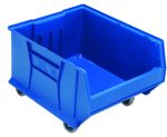 The Quantum Hulk 24 Container is a mobile, stackable blue polypropylene bin, measuring 23-7/8L x 18-1/4W x 15H. It features an open top, four small wheels for convenience, reinforced sides, and a slightly angled front edge for easy access. Made in the USA.