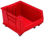 The Quantum Hulk 24 Container is a red, mobile storage unit with an open front and four small wheels for easy mobility. Its angled design and vertical side ridges enhance strength, making it ideal for versatile organization. It measures 23-7/8L x 18-1/4W x 15H and is stackable, made of polypropylene in the USA.