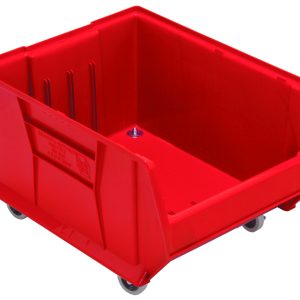 The Quantum Hulk 24 Container is a red, mobile storage unit with an open front and four small wheels for easy mobility. Its angled design and vertical side ridges enhance strength, making it ideal for versatile organization. It measures 23-7/8L x 18-1/4W x 15H and is stackable, made of polypropylene in the USA.