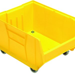 The Quantum Hulk 24 Container is a large, yellow polypropylene storage solution measuring 23-7/8L x 18-1/4W x 15H. It features an open front and caster wheels for easy mobility, making it ideal for organizing and transporting items. Stackable and made in the USA.