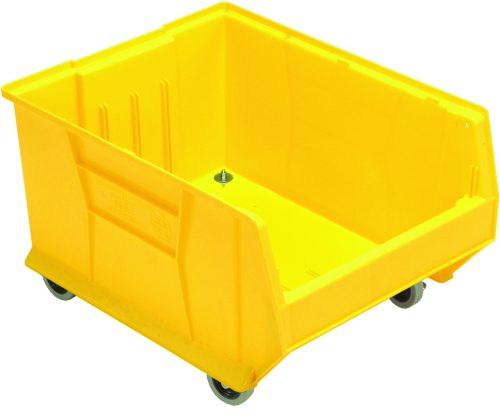 The Quantum Hulk 24 Container is a large, yellow polypropylene storage solution measuring 23-7/8L x 18-1/4W x 15H. It features an open front and caster wheels for easy mobility, making it ideal for organizing and transporting items. Stackable and made in the USA.