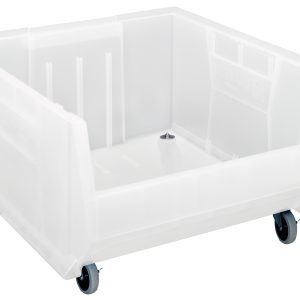 The Quantum Hulk 24 is a translucent, stackable, rectangular polypropylene container made in the USA, measuring 23-7/8L x 22-1/2W x 15H, with four caster wheels for mobility and featuring high sides and an open top for easy access and efficient storage.