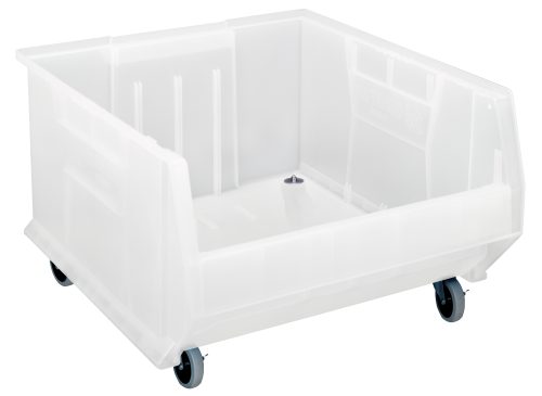 QUS957 Clear The Quantum Hulk 24 is a translucent, stackable, rectangular polypropylene container made in the USA, measuring 23-7/8L x 22-1/2W x 15H, with four caster wheels for mobility and featuring high sides and an open top for easy access and efficient storage.