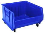 The Quantum Hulk 24 Container is a large, blue polypropylene storage bin, featuring an open front, four small wheels for mobility, and a side label; its stackable and perfect for organizing or transporting items.