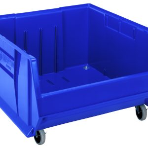 The Quantum Hulk 24 Container is a large, blue polypropylene storage bin, featuring an open front, four small wheels for mobility, and a side label; its stackable and perfect for organizing or transporting items.