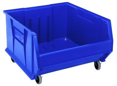 QUS957 Blue The Quantum Hulk 24 Container is a large, blue polypropylene storage bin, featuring an open front, four small wheels for mobility, and a side label; its stackable and perfect for organizing or transporting items.