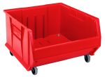 The Quantum Hulk 24 Container is a large, red, stackable polypropylene bin with four wheels for easy mobility. Measuring 23-7/8L x 22-1/2W x 15H, it features vertical ridges for enhanced support and effortless access. Made in the USA.