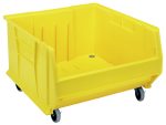Introducing the Quantum Hulk 24 Container: a stackable yellow polypropylene bin on wheels, measuring 23-7/8L x 22-1/2W x 15H. It features an open top and partial front access with raised sides and a reinforced base for durability. Made in the USA.