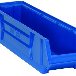 The Quantum Hulk 30 Container is a blue, stackable polypropylene storage bin with reinforced sides and an open front for easy organization. Measuring 29-7/8L x 8-1/4W x 7H, this USA-made design maximizes space while ensuring durability.