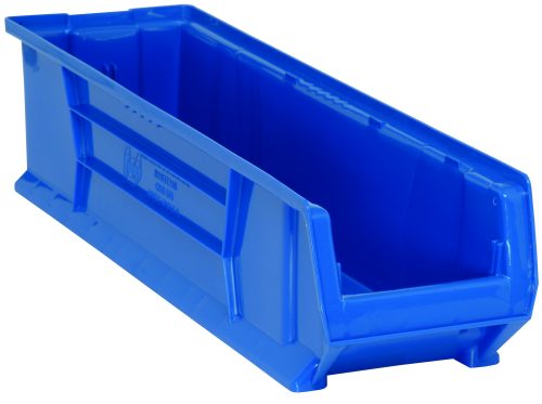 The Quantum Hulk 30 Container is a blue, stackable polypropylene storage bin with reinforced sides and an open front for easy organization. Measuring 29-7/8L x 8-1/4W x 7H, this USA-made design maximizes space while ensuring durability.