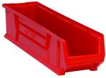 The Quantum Hulk 30 Container is a red, stackable, polypropylene storage bin with slightly tapered sides and an open top. Measuring 29-7/8L x 8-1/4W x 7H, its made in the USA and perfect for organizing or storing small items.