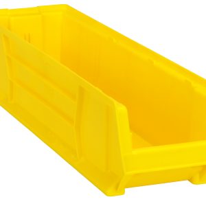 The Quantum Hulk 30 Container is a yellow polypropylene storage bin, measuring 29-7/8L x 8-1/4W x 7H, with side slots for stacking and organizing efficiently. Made in the USA.