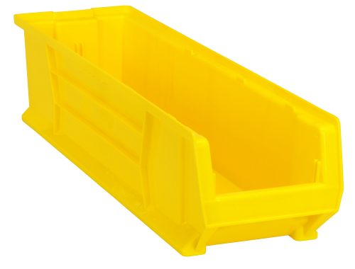 The Quantum Hulk 30 Container is a yellow polypropylene storage bin, measuring 29-7/8L x 8-1/4W x 7H, with side slots for stacking and organizing efficiently. Made in the USA.