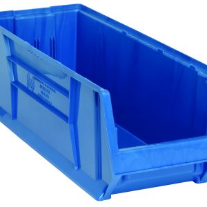 The Quantum Hulk 30 Container, blue and stackable, measures 29-7/8L x 11W x 10H. Made in the USA from polypropylene, it features an open front for easy access and solid sides, with a subtly tapered rectangular shape for efficient organizing.