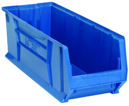 The Quantum Hulk 30 Container, blue and stackable, measures 29-7/8L x 11W x 10H. Made in the USA from polypropylene, it features an open front for easy access and solid sides, with a subtly tapered rectangular shape for efficient organizing.