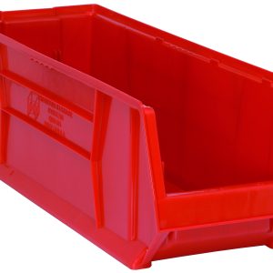 The Quantum Hulk 30 Container is a bold red, stackable polypropylene bin, measuring 29-7/8L x 11W x 10H, with an open front for easy access. Its smooth surface and spacious interior make it ideal for organizing or storing a variety of items. Made in the USA.