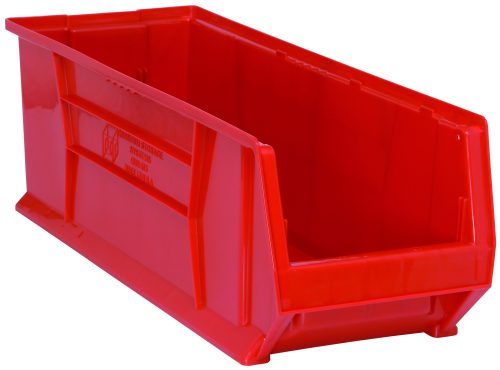 The Quantum Hulk 30 Container is a bold red, stackable polypropylene bin, measuring 29-7/8L x 11W x 10H, with an open front for easy access. Its smooth surface and spacious interior make it ideal for organizing or storing a variety of items. Made in the USA.