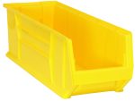 The Quantum Hulk 30 Container is a yellow, stackable polypropylene storage bin with an open front, measuring 29-7/8L x 11W x 10H. Made in the USA, it is designed for efficient organizing and durability.