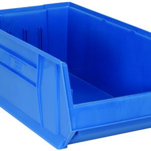 The Quantum Hulk 30 blue polypropylene container, measuring 29-7/8L x 16-1/2W x 11H, is stackable and made in the USA, perfect for organizing small items with reinforced edges and an open front.